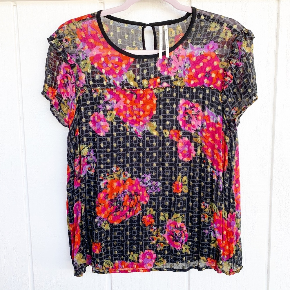ANTHROPOLOGIE Black Gold Foil Beaded Blouse 12P